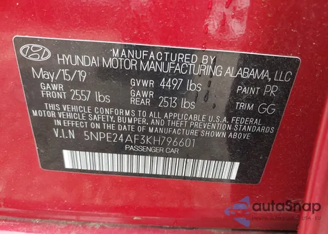 2019 Hyundai Sonata Se z USA, uszkodzony, nr VIN 5NPE24AF3KH796601